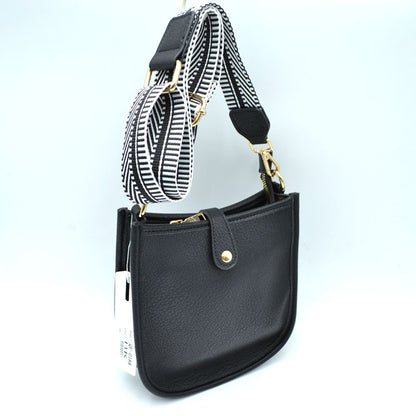Minimalist Curved Crossbody Bag with Patterned Guitar Strap - Black - Crossbody Bags