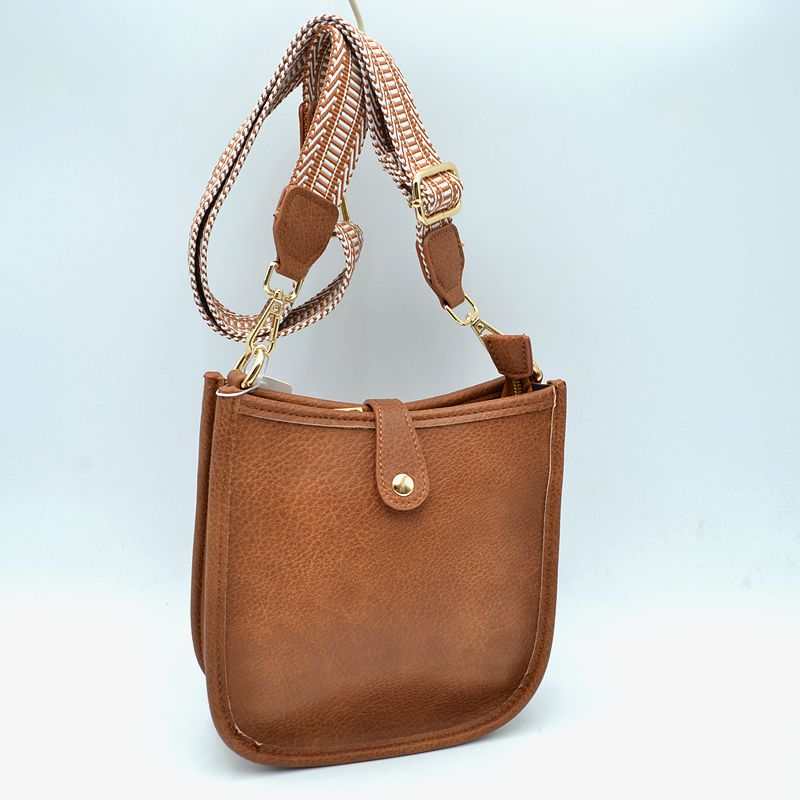 Minimalist Curved Crossbody Bag with Patterned Guitar Strap - Brown - Crossbody Bags
