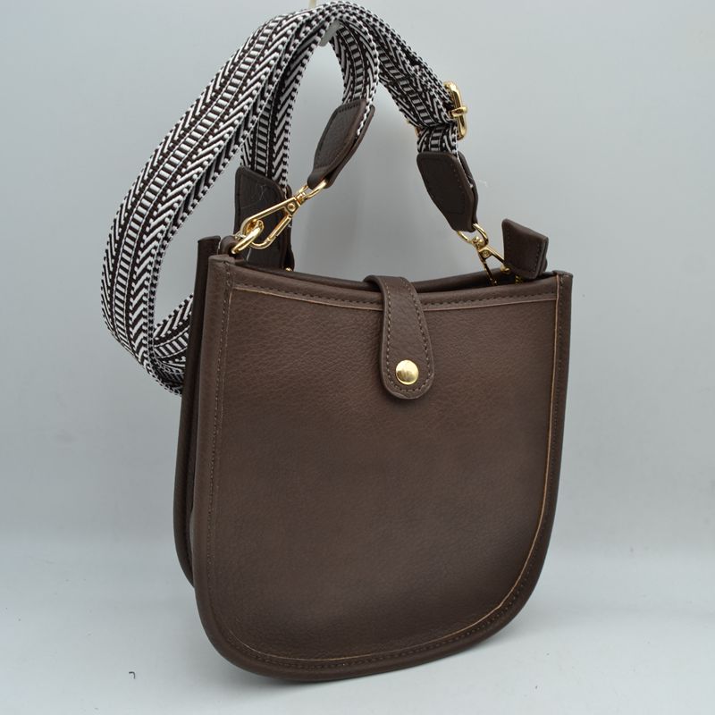 Minimalist Curved Crossbody Bag with Patterned Guitar Strap - Coffee - Crossbody Bags