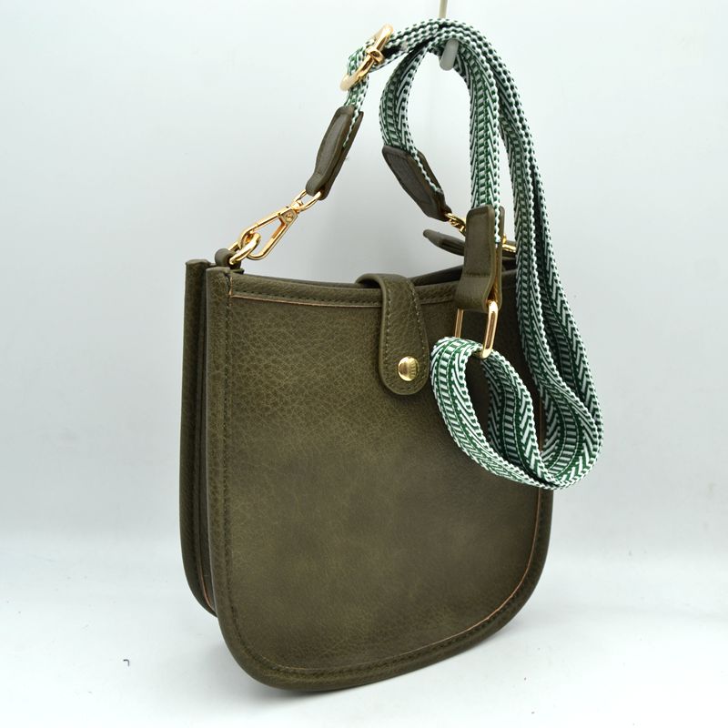 Minimalist Curved Crossbody Bag with Patterned Guitar Strap - Dark Green - Crossbody Bags