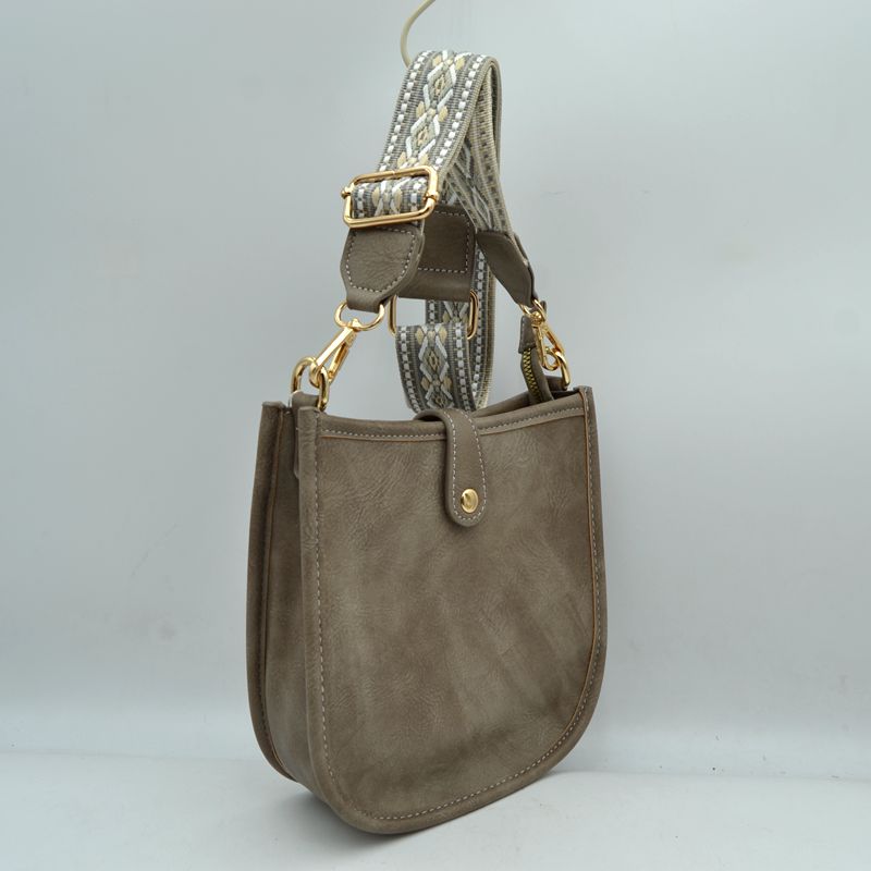 Minimalist Curved Crossbody Bag with Patterned Guitar Strap - Gray - Crossbody Bags