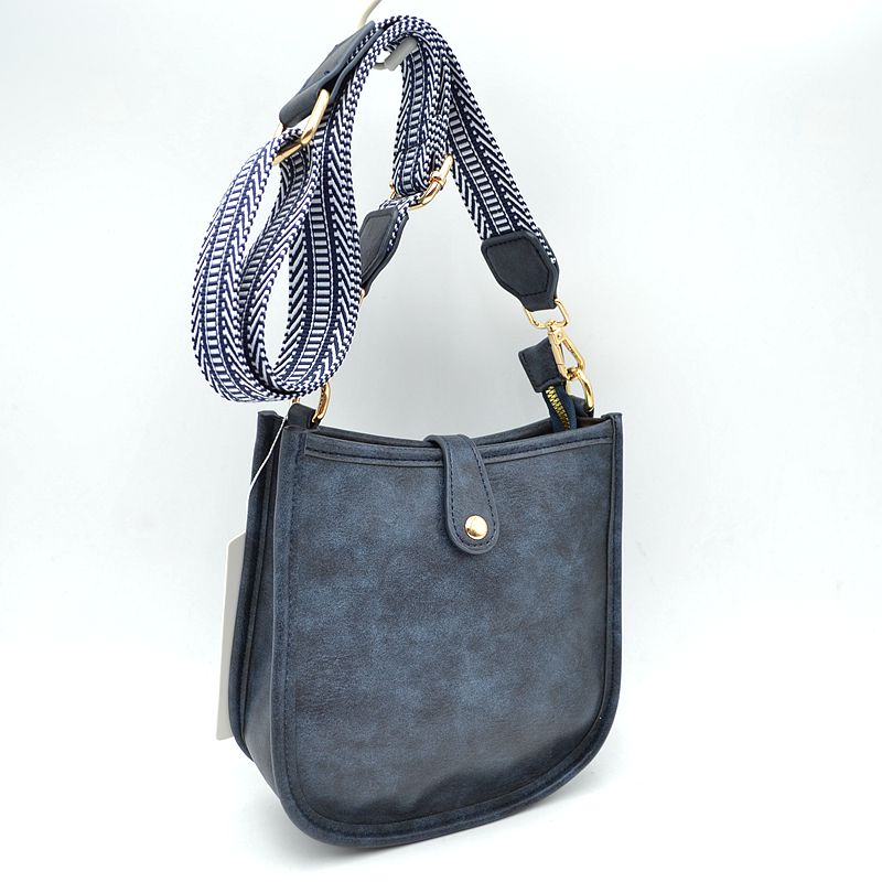 Minimalist Curved Crossbody Bag with Patterned Guitar Strap - Navy Blue - Crossbody Bags