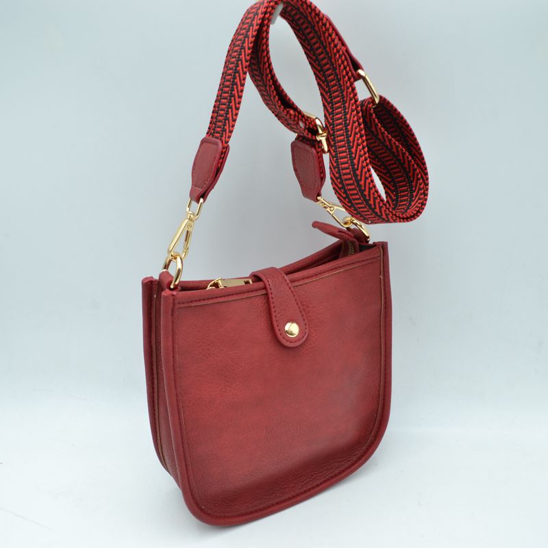 Minimalist Curved Crossbody Bag with Patterned Guitar Strap - Red - Crossbody Bags