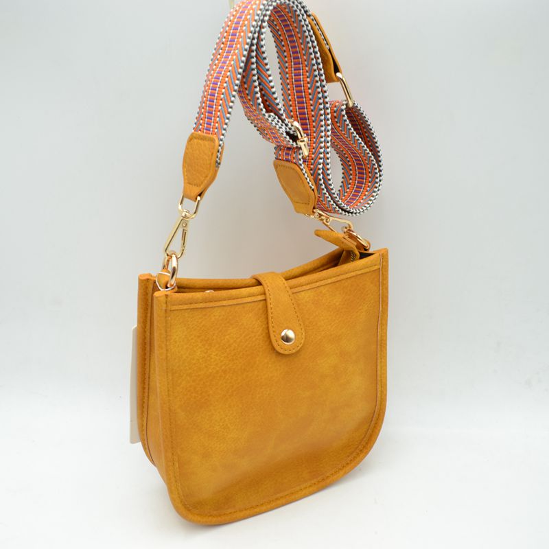 Minimalist Curved Crossbody Bag with Patterned Guitar Strap - Yellow - Crossbody Bags