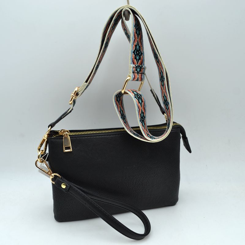 Dual Strap Wristlet Clutch with Patterned Crossbody Strap - Black - Cross Body Bag