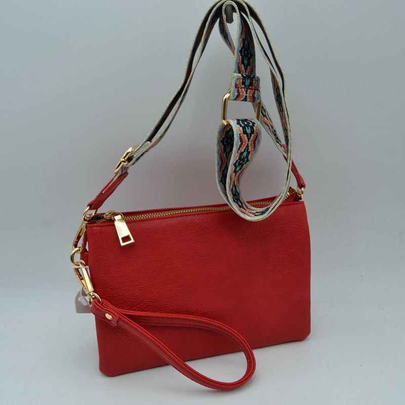 Dual Strap Wristlet Clutch with Patterned Crossbody Strap - Red - Cross Body Bag