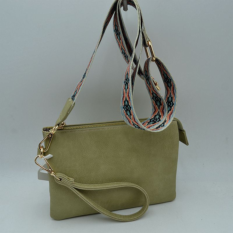 Dual Strap Wristlet Clutch with Patterned Crossbody Strap - Sage Green - Cross Body Bag