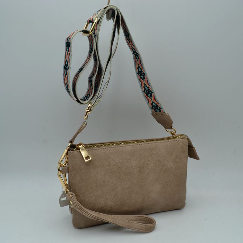 Dual Strap Wristlet Clutch with Patterned Crossbody Strap - Stone - Cross Body Bag