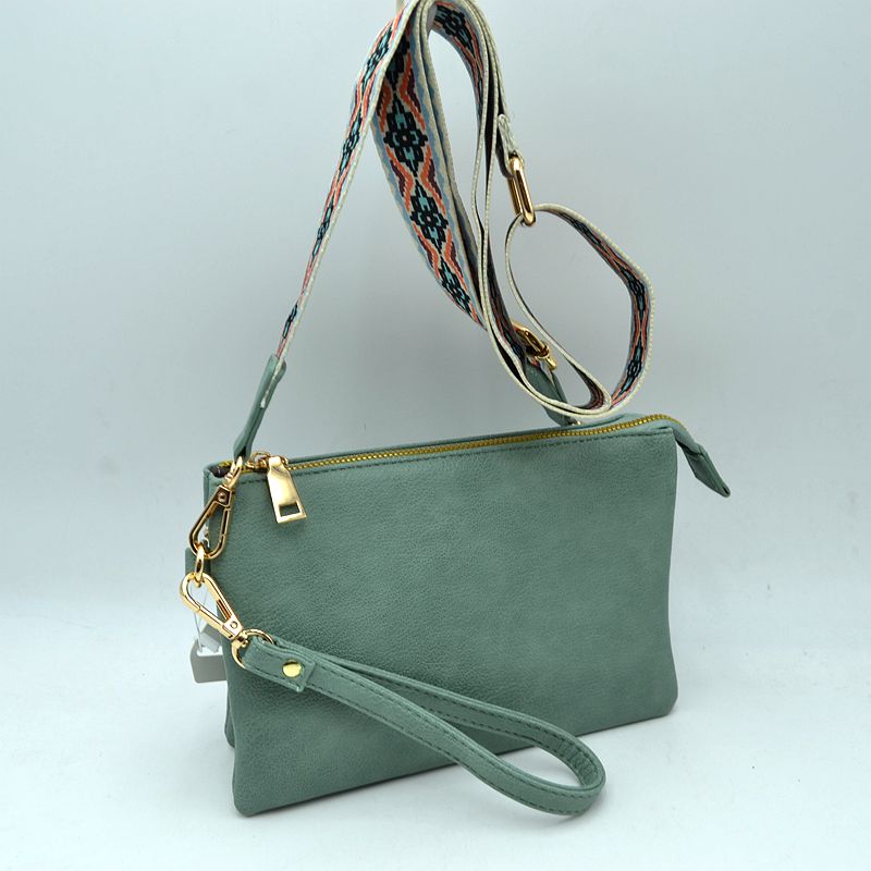 Dual Strap Wristlet Clutch with Patterned Crossbody Strap - Teal - Cross Body Bag