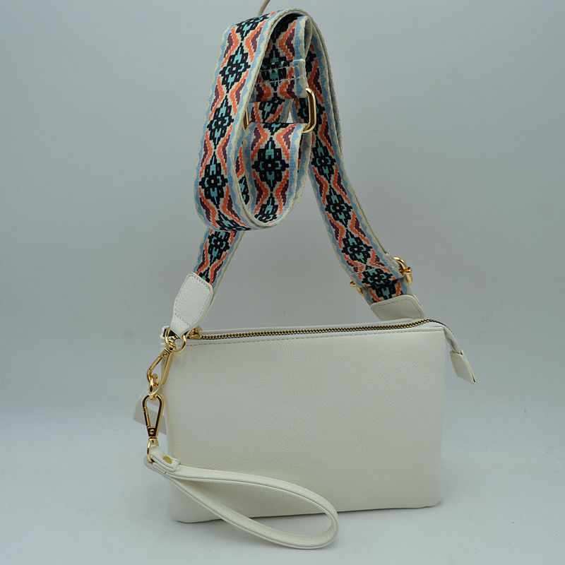 Dual Strap Wristlet Clutch with Patterned Crossbody Strap - White - Cross Body Bag