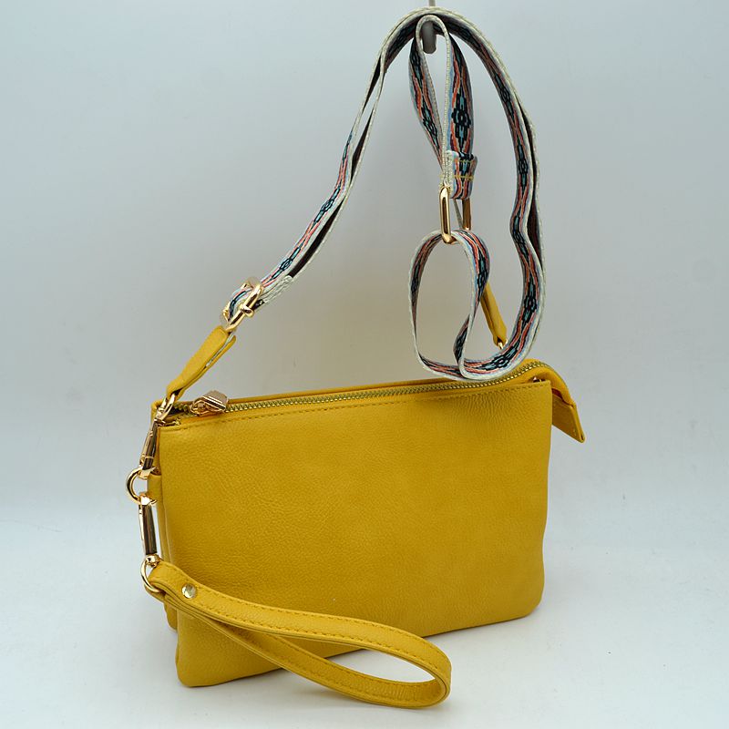 Dual Strap Wristlet Clutch with Patterned Crossbody Strap - Yellow - Cross Body Bag