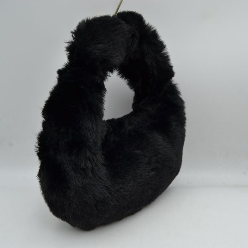Fluffy Plush Crescent Hobo Handbag with Integrated Top Handle - Black - Hobo Bags