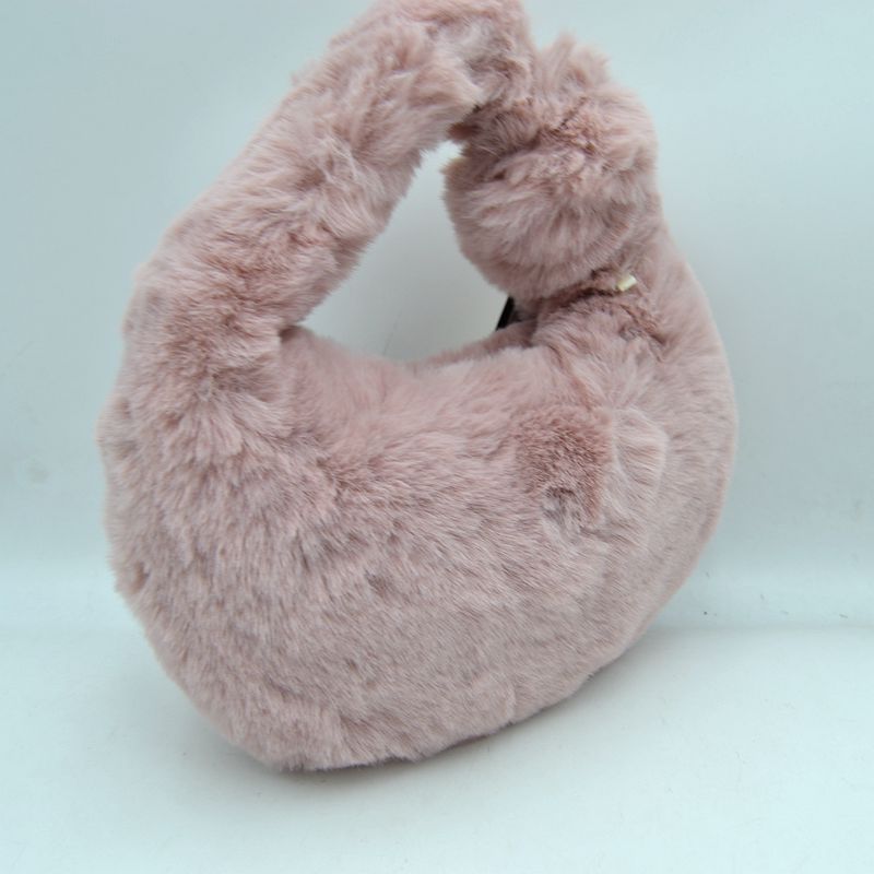 Fluffy Plush Crescent Hobo Handbag with Integrated Top Handle - Blush - Hobo Bags