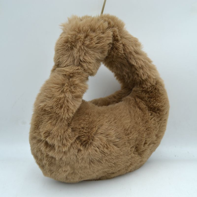 Fluffy Plush Crescent Hobo Handbag with Integrated Top Handle - Coffee - Hobo Bags