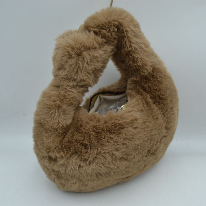 Fluffy Plush Crescent Hobo Handbag with Integrated Top Handle - Hobo Bags