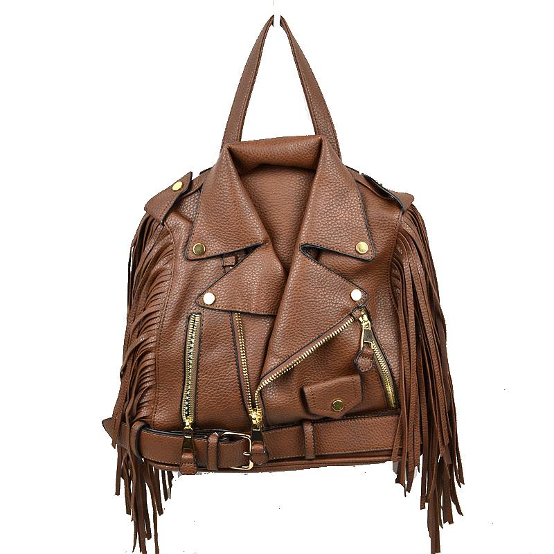 Faux Leather Moto Jacket Backpack with Side Fringe Accents - Brown - Backpacks