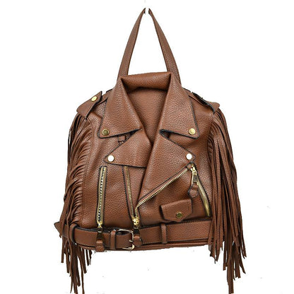 Faux Leather Moto Jacket Backpack with Side Fringe Accents - Brown - Backpacks
