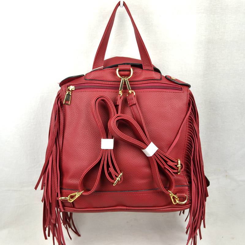 Faux Leather Moto Jacket Backpack with Side Fringe Accents - Brown - Backpacks