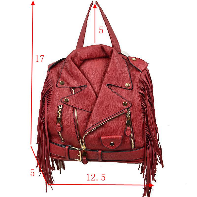 Faux Leather Moto Jacket Backpack with Side Fringe Accents - Brown - Backpacks
