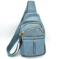 Grained Sling Bag with Perforated Accent and Gold Zippers - Denim - Sling Bag