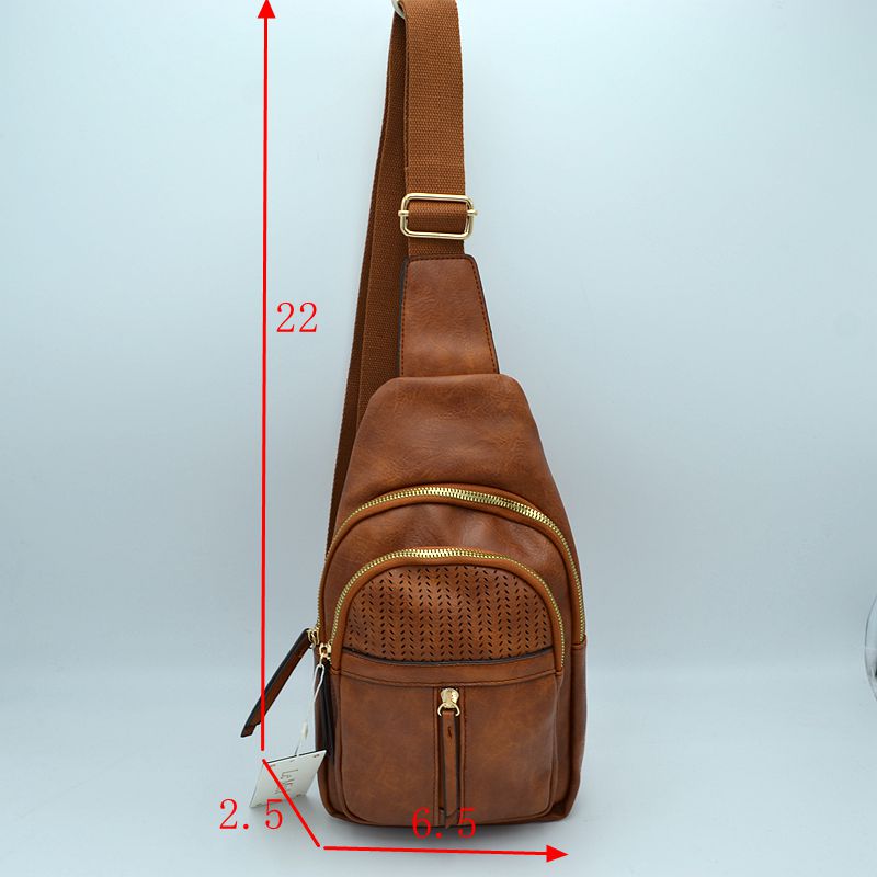 Grained Sling Bag with Perforated Accent and Gold Zippers - Sling Bag