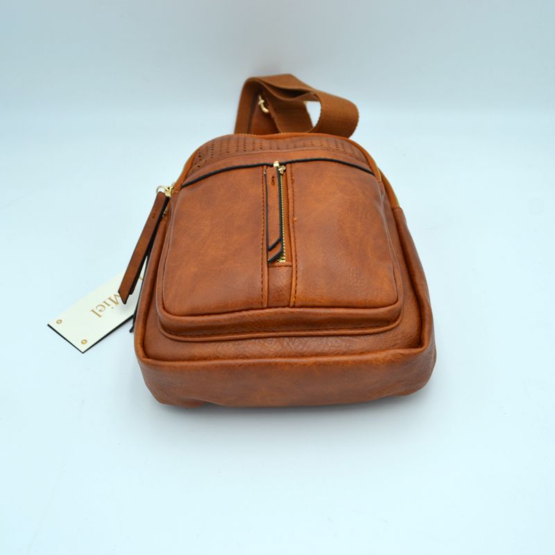 Grained Sling Bag with Perforated Accent and Gold Zippers - Sling Bag