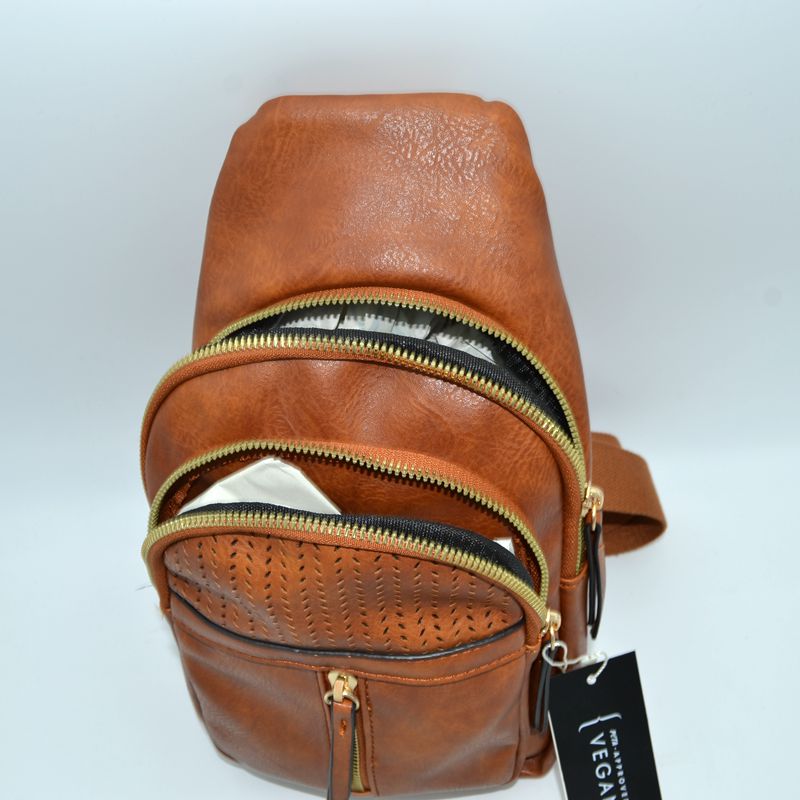 Grained Sling Bag with Perforated Accent and Gold Zippers - Sling Bag
