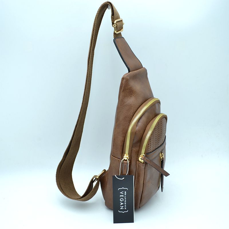 Grained Sling Bag with Perforated Accent and Gold Zippers - Coffee - Sling Bag