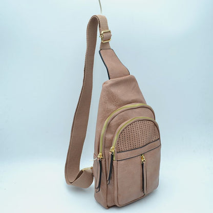 Grained Sling Bag with Perforated Accent and Gold Zippers - Dark Blush - Sling Bag