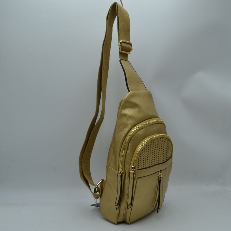 Grained Sling Bag with Perforated Accent and Gold Zippers - Gold - Sling Bag