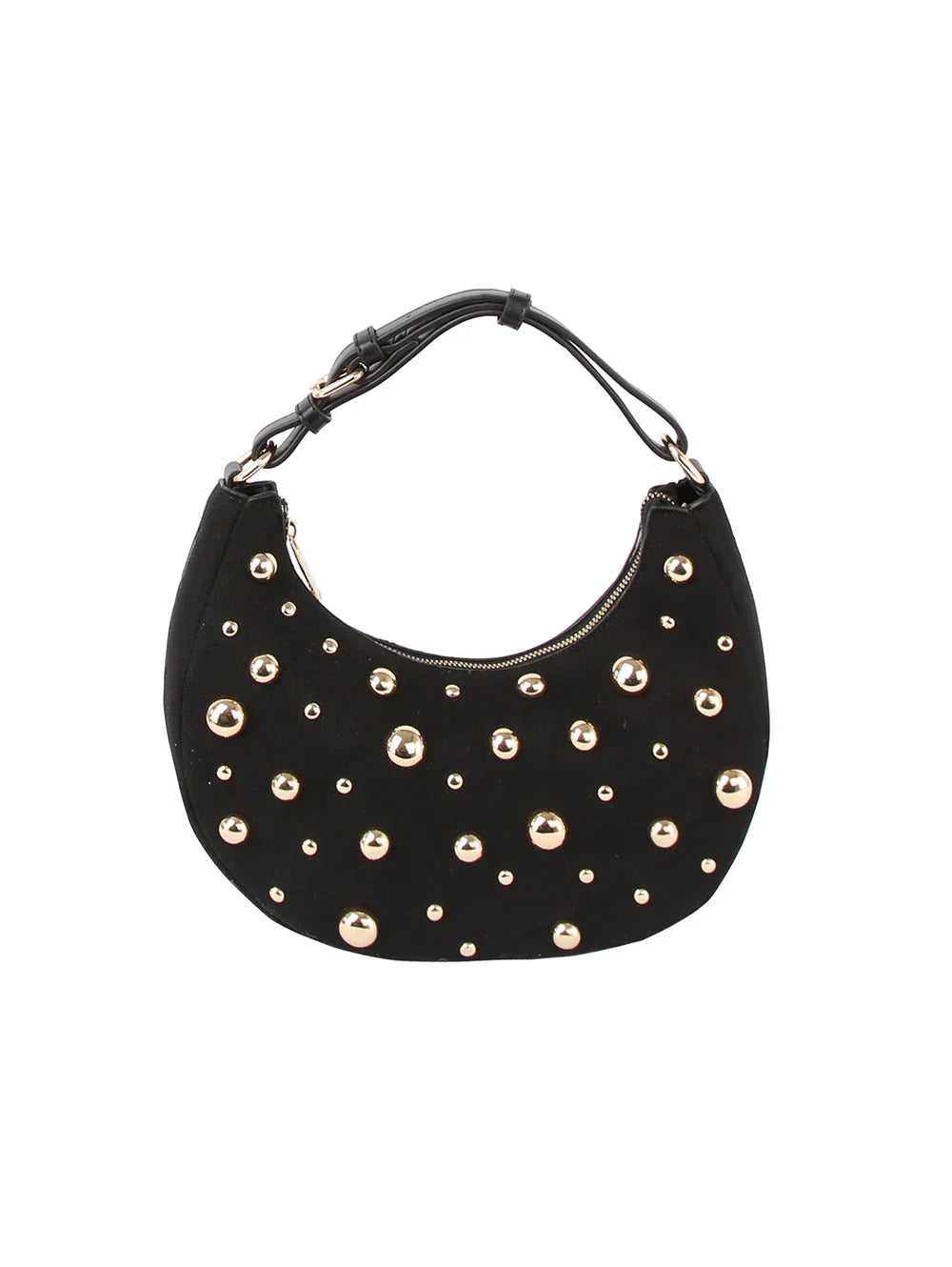 Studded Crescent Shoulder Bag with Adjustable Top Handle - Black - Shoulder Bag