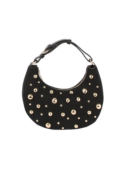 Studded Crescent Shoulder Bag with Adjustable Top Handle - Black - Shoulder Bag