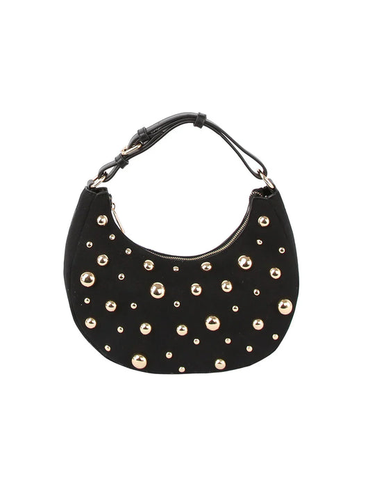 Studded Crescent Shoulder Bag with Adjustable Top Handle - Black - Shoulder Bag