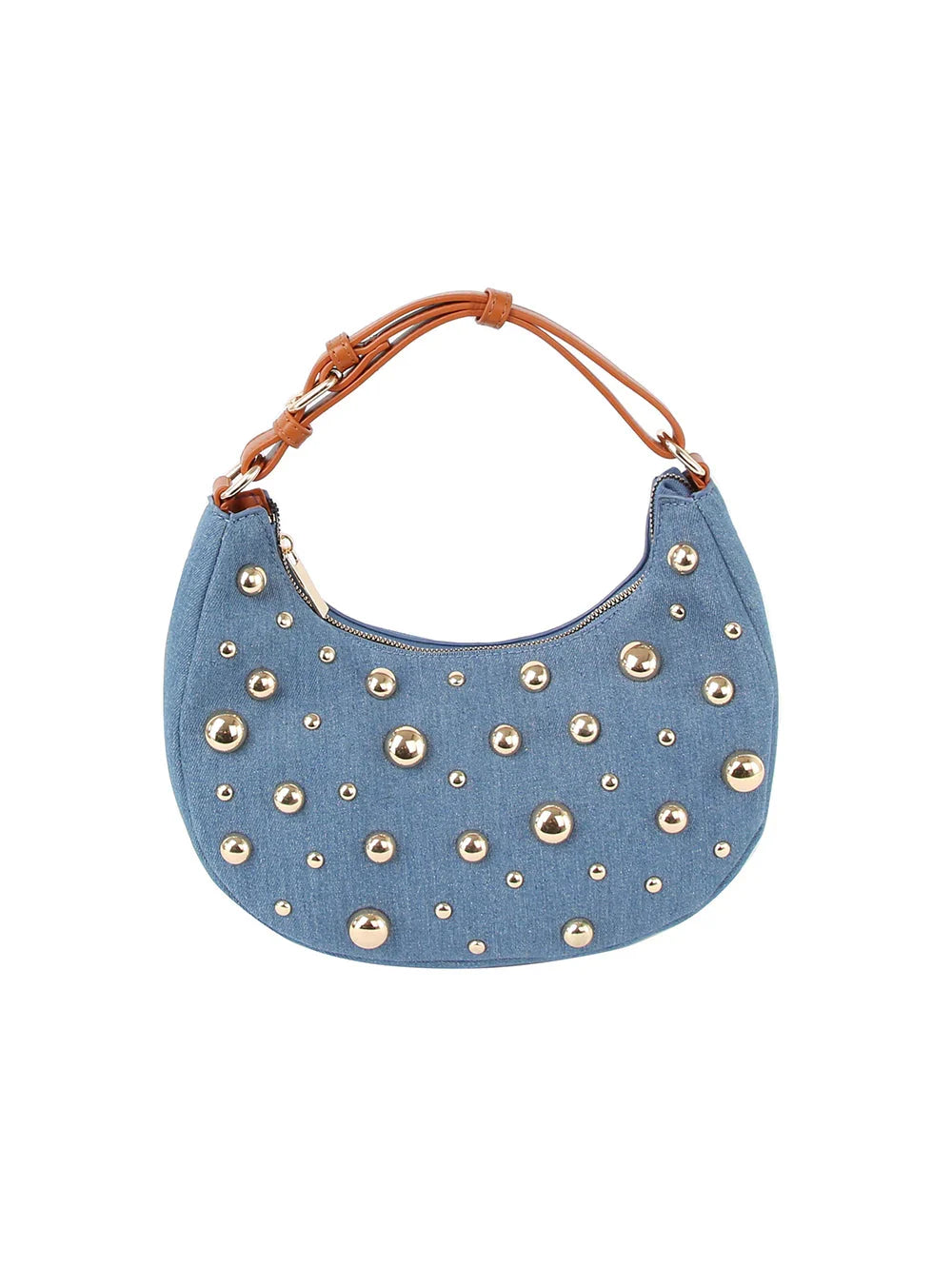 Studded Crescent Shoulder Bag with Adjustable Top Handle - Shoulder Bag