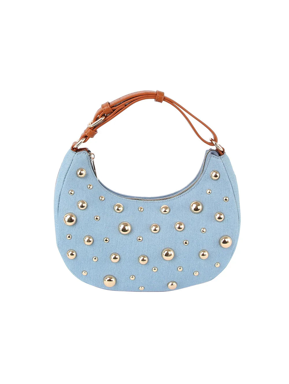 Studded Crescent Shoulder Bag with Adjustable Top Handle - Shoulder Bag