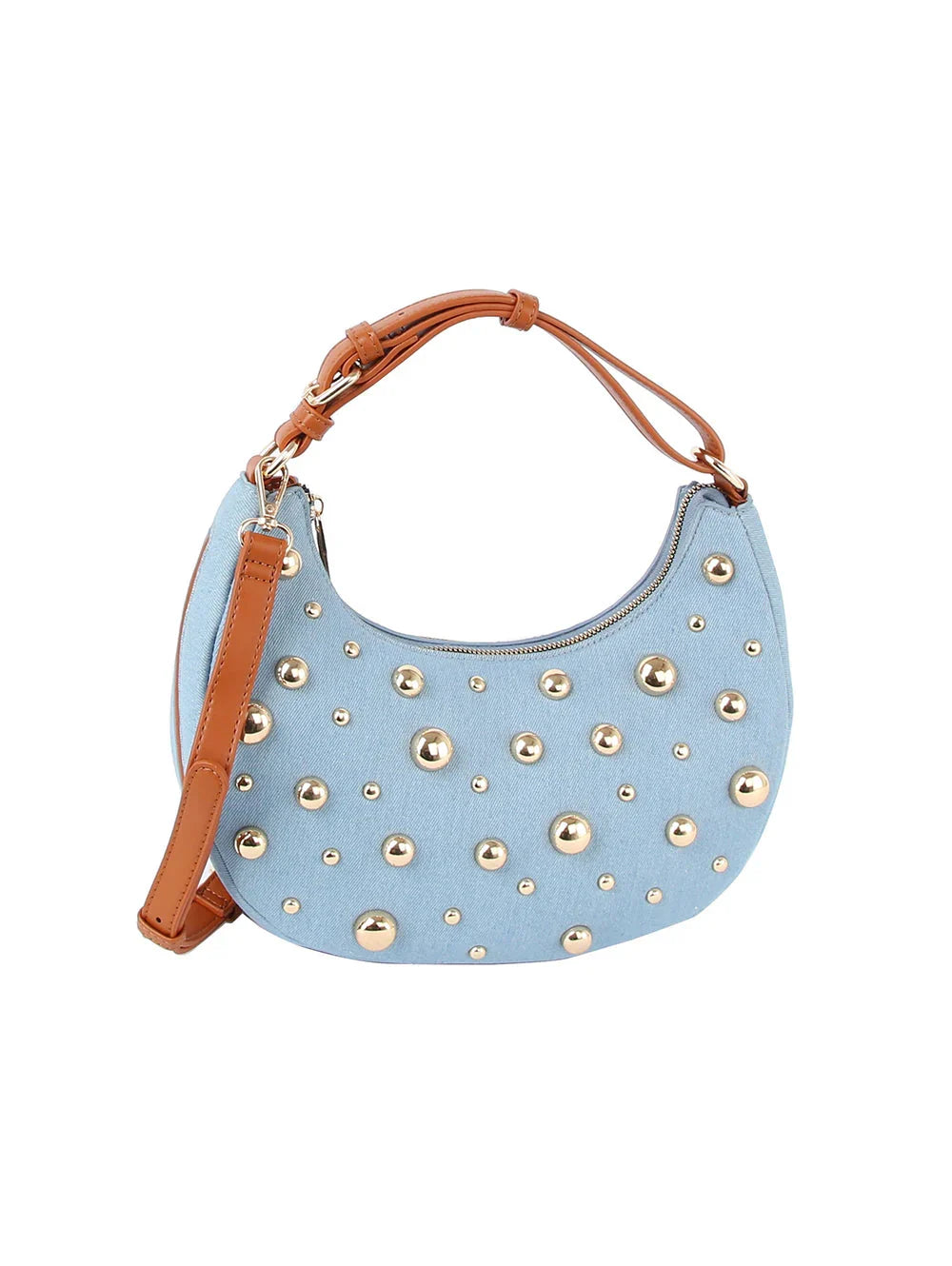 Studded Crescent Shoulder Bag with Adjustable Top Handle - Shoulder Bag