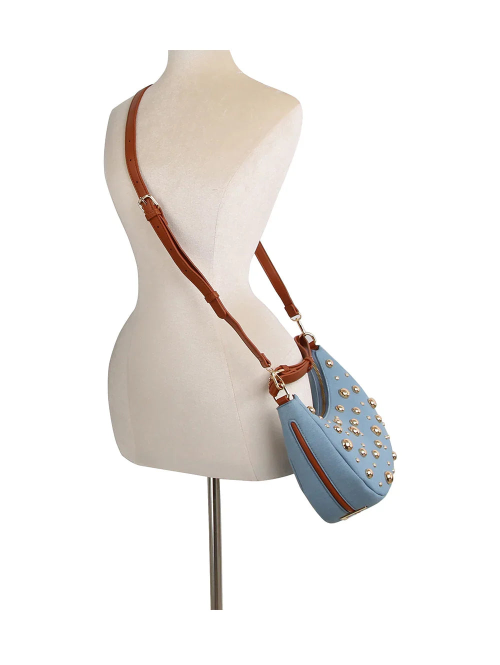 Studded Crescent Shoulder Bag with Adjustable Top Handle - Shoulder Bag