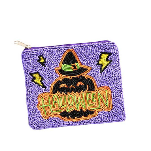 Lavender-Halloween Message Pumpkin Seed Beaded Halloween Mini Pouch Bag, This unique and intricately designed bag features handcrafted pumpkin seed beads and a playful Halloween message. Perfect for holding your essentials while making a statement at any Halloween event. Made with quality and creativity in mind.