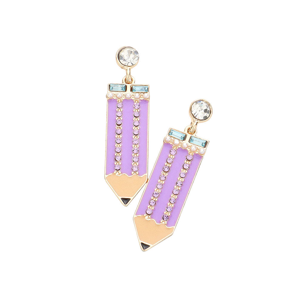 Lavender Rhinestone Embellished Enamel Pencil Dangle Earrings, turn your ears into a chic fashion statement with these Rhinestone Pencil earrings! These pencil dangle earrings are very lightweight and comfortable, you can wear these for a long time on special occasions. The beautifully crafted design adds a gorgeous glow to any outfit.