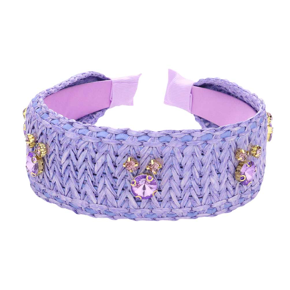 Lavender Stone Embellished Woven Straw Headband, be the ultimate trendsetter & be prepared to receive compliments wearing this woven straw headband with all your stylish outfits! Perfect for everyday wear, outdoor festivals, and many more. Awesome gift idea for your loved one or yourself.