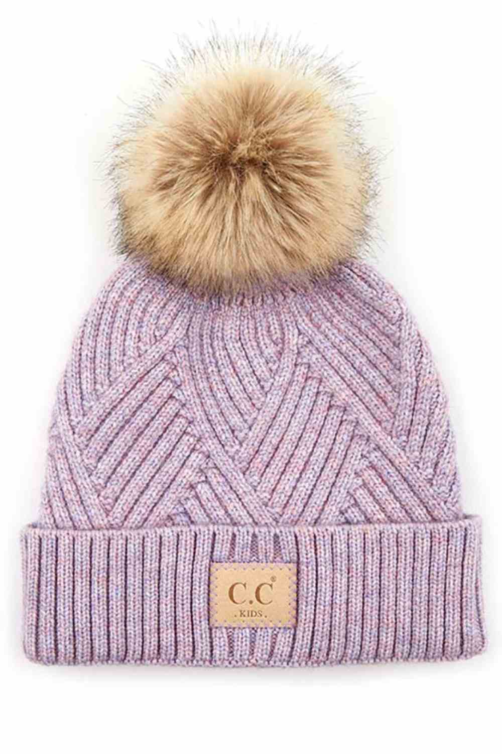 Lavender Keep your little one cozy with this C.C Kids Knit Beanie, featuring a playful diagonal stripes criss-cross pattern. Crafted from a soft blend of 47% rayon, 31% PBT, and 22% nylon, this beanie offers warmth and durability for everyday wear.