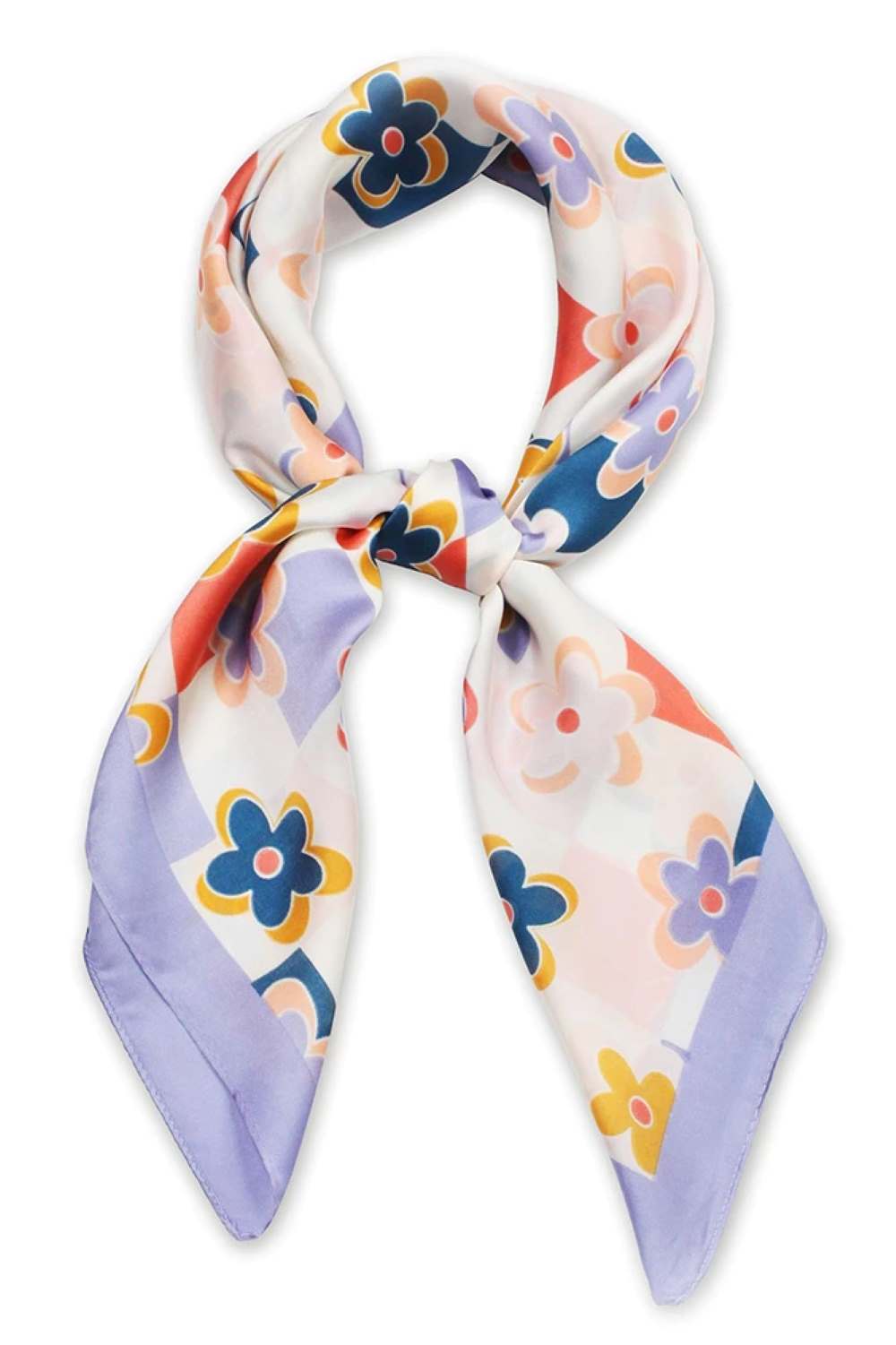 Lavender Elevate your accessory game with this stunning satin square scarf featuring a beautiful flower and checker print design. Crafted from 100% polyester, this luxurious scarf offers a smooth, lustrous finish that drapes elegantly around your neck, shoulders, or hair. The generous 27.5" x 27.5" size provides versatility for countless styling options wear it as a classic neck scarf, headwrap, or even as a chic bag accent.