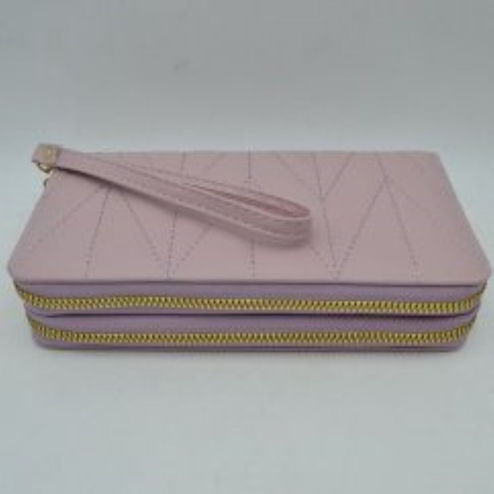 Lavender This rectangular long wallet features a distinctive geometric stitched pattern across its exterior, providing a refined and structured look for everyday use. Designed to offer organized storage compartments, it incorporates a dual zip-around closure system with prominent metallic zippers to keep essentials secure. A matching, detachable flat wristlet strap is connected to the side hardware with a metallic clasp, providing an easy and convenient hands-free carrying style.