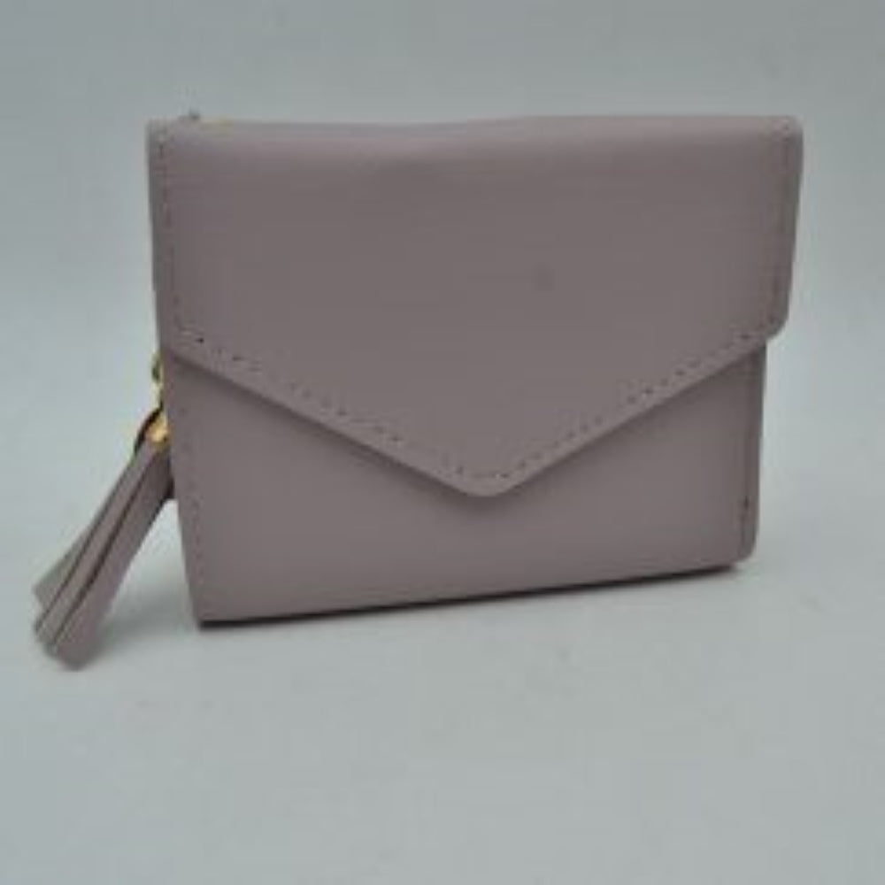 Lavender This compact wallet features a classic envelope-style design with a distinctive V-shaped front flap and clean perimeter stitching, making it a stylish choice for everyday use. Designed to offer a streamlined storage solution for essential items, it maintains a sleek, structured silhouette that easily fits into larger bags or pockets. A decorative tassel charm with a metallic cap is attached to the side hardware, adding a functional and eye-catching accent to the understated design.