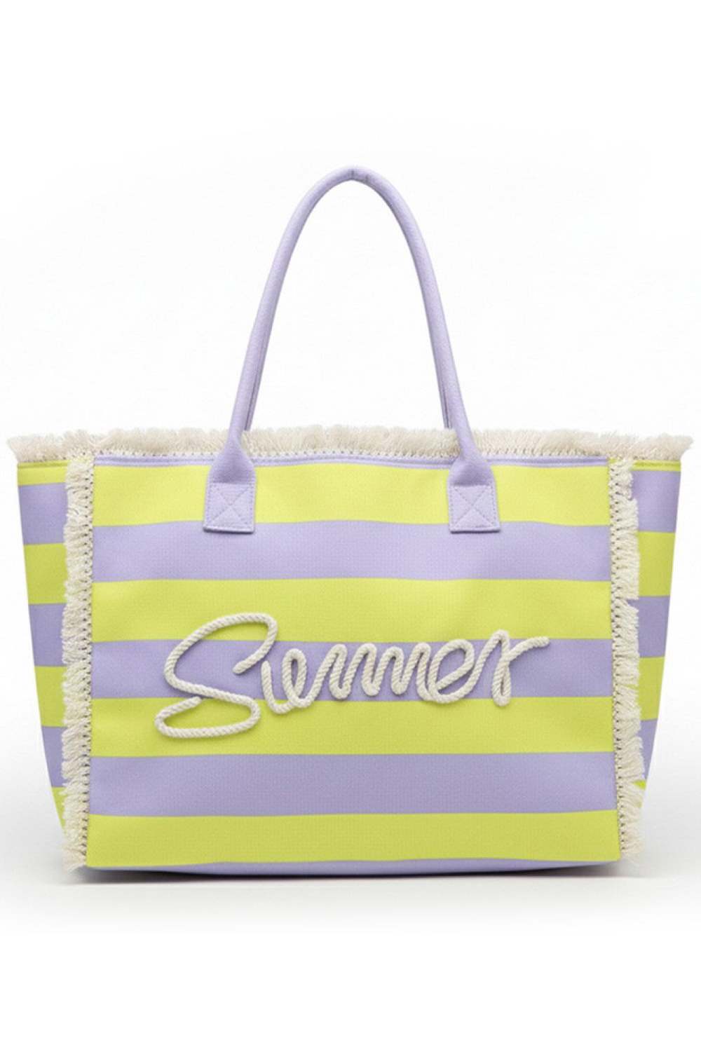 Lavender Carry your summer essentials in style with this SUMMER Sewn Rope Striped Pattern Tote Bag. Featuring a classic striped design with decorative rope detailing and playful fringe trim, this versatile bag is perfect for beach days, shopping trips, or casual outings. Crafted from durable 100% polyester, it measures 17.5" x 14" x 5" spacious enough for all your needs. The magnetic closure keeps your belongings secure, while the inner pocket provides convenient organization. Whether you're heading to the 