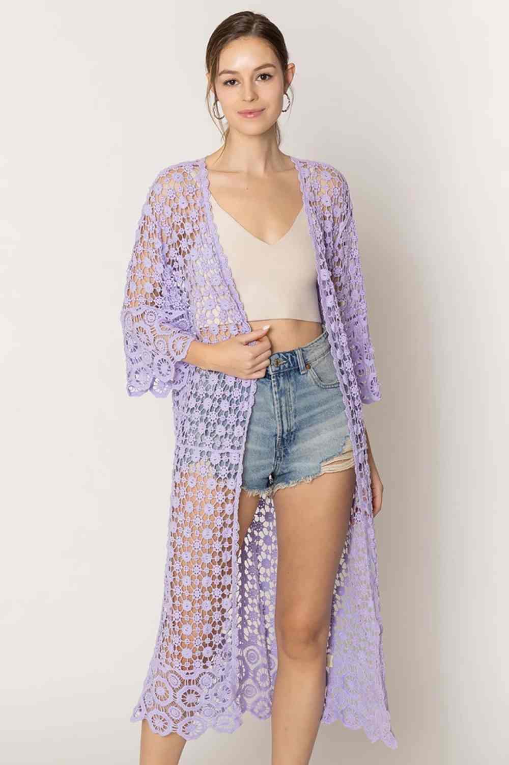 Lavender Effortless layering meets timeless style with this solid crochet cardigan. Crafted from 100% cotton, it offers breathable comfort perfect for any season. The relaxed fit and open-front design make it ideal for pairing over dresses, tees, or tanks. With generous dimensions of 43.3" x 21.3", this versatile piece transitions seamlessly from casual days to evening outings. A wardrobe essential that works as hard as you do.