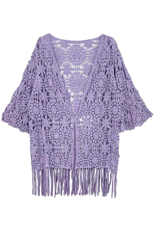 Lavender Effortless elegance meets comfort in this Solid Pattern Crochet Cardigan. Crafted from 100% cotton, this lightweight piece features a timeless crochet design perfect for layering or wearing solo. With generous dimensions of 31.1" x 20", it drapes beautifully for a relaxed, flattering fit. Ideal for warm weather styling, this versatile cardigan transitions seamlessly from casual days to evening outings.