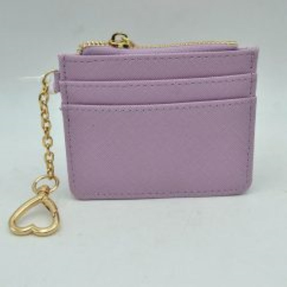 Lavender This slim card holder wallet combines a sleek, structured design with practical storage compartments for organized everyday use. The front panel features multiple layered slots designed for quick access to cards, while a secure top zipper closure with a prominent metallic pull opens to a central pocket for coins or folded bills. Perfect for on-the-go convenience