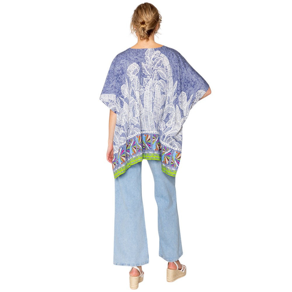 Blue Leaf Print Cover Up Poncho is the perfect addition to your summer wardrobe. Made from lightweight fabric, it is both stylish and functional, providing coverage from the sun while keeping you cool. The leaf print adds a touch of nature-inspired elegance to any beach or pool ensemble. 