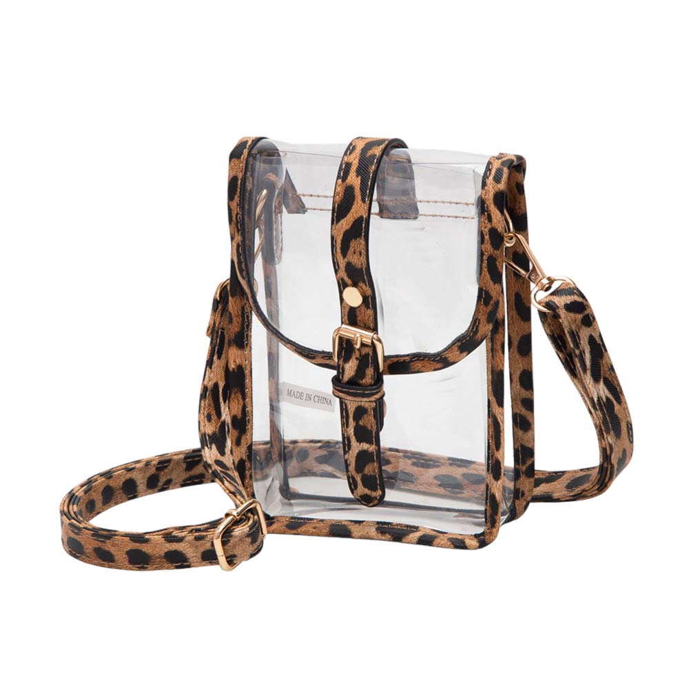 Leopard-Faux Leather Belt Buckle Pointed Transparent Crossbody Bag , Expertly crafted from faux leather, this crossbody bag features a unique pointed design and transparent material, making it a modern and fashionable accessory. The belt buckle adds a touch of edginess, while the spacious interior allows for convenient storage